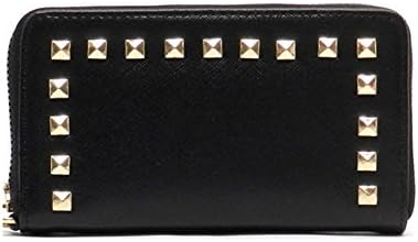 Genuine Leather Single Zipper Studded Mini Wallet Carring Case (Black)
