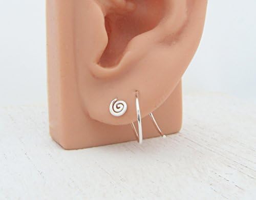 Double Piercing Earrings in Argentium Sterling Silver with Hammered Spiral