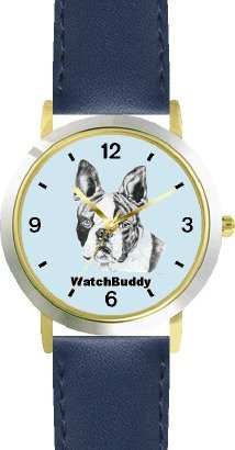 Boston Terrier (SC) Dog - WATCHBUDDY® DESIGNER DELUXE TWO-TONE THEME WATCH - Arabic Numbers-AQUA MARINE STYLE - Pale Blue Dial with Blue Leather Strap-Size-Large ( Men's Size or Jumbo Women's Size )