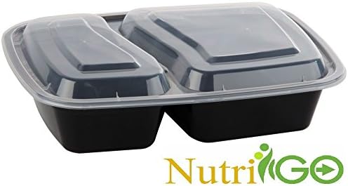 NutriGO Compartment Microwavable Food Container with Lid, Bento Box, Lunch Tray with Cover, Microwave &amp; Dishwasher Safe - Many Sizes, 150 QUANTITY (Rectangular (2 Compartments) 32 Oz, Black)