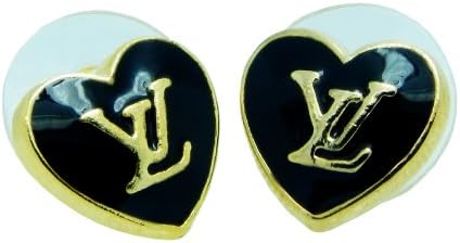 24k Gold Plated Lv in Black Heart Stud Earrings.