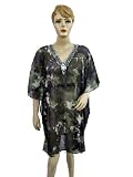Gypsy Boho Womens Fashion Beaded Caftan Top Gray Floral Print Kaftan Poncho Chiffon Dress