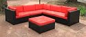Black Resin Wicker Outdoor Furniture Sectional Sofa Set - Red Cushions