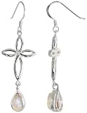 Sterling Silver Cross-shaped Celtic Fish Hook Dangle Earrings, w/ Pear Cut Natural Moonstone, 2" (50mm) tall