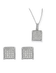 BRI Jewelry Sterling Silver 10mm Square Shape With Clear Micropave Cubic Zirconia Set - Pendant - Post Earring