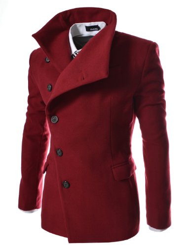 TheLees Men's Unbalance High Neck Slim Pea Coat
