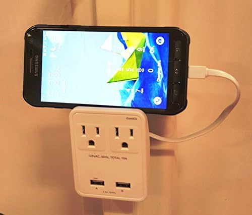 2 Surge Protected AC Outlets + 2 USB Charging Ports with attached 6 inch MicroUSB Charging Cable for Samsung Android Phones and Tablets and a Built in Phone Holder