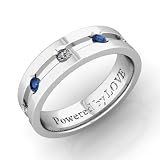 Engraved Mens 5 Stone Sapphire Diamond Wedding Band Comfort Fit in 14k White Gold (G, SI1, 0.28 cttw) 6MM, Powered by LOVE