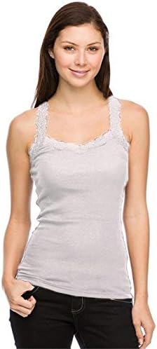 Women's Lace Trim 100% Cotton Ribbed Racerback Tank Top WHITE S