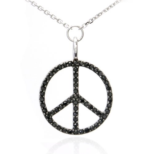14K White Gold Peace Sign Black Diamond Pendant 