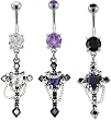 DANGLING CHAINED CROSS WITH GEM HEART BELLY RING BNACRS14AM- AMETHYST