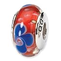 Red with Blue Flowers Murano Glass and .925 Sterling Silver Bead