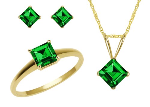 10k Yellow Gold, May Birthstone, Lab Created Emerald Ring, Pendant and Earring Set, Ring Size 7