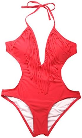 Shmimy Women's V neck Strap Tassel One-piece Swimsuit