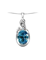 Original Star K (tm) Loving Mother With Child Family Pendant With Oval 11x9mm Simulated Blue Topaz in .925 Sterling Silver