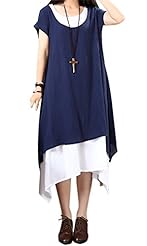 High-Low-Hem Short Sleeves Full-Skirt Round Neck Cotton/Linen Maxi Dress 