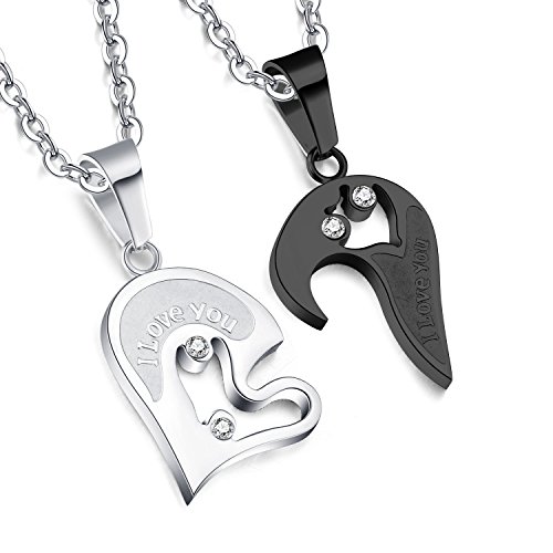 Areke Mens Womens Couples Heart Love Necklace,Stainless Steel Puzzle Diamond Pendant Chain Necklaces Color Silver Black