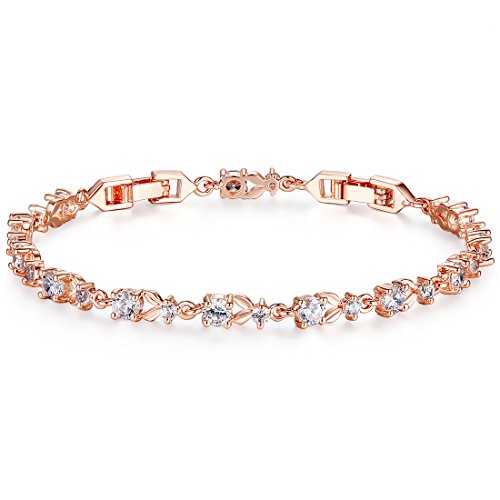 Bamoer Luxury Rose White Gold Bracelet Sparkling Clear Cubic Zirconia CZ Crystal Women Girls Charm Bangle