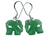 Green Jade Lucky Elephant Earrings, 925 Sterling Silver