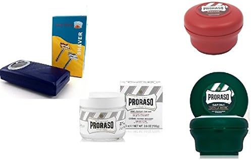 Pro'raso Shave Soap, Sandalwood 150 ml + shaving soap menthol and eucalyptus 4oz + Shaving Factory Double Edge Safety Razor, Silver + Pre Shaving Cream w/ Green Tea &amp; Oatmeal 100 ml