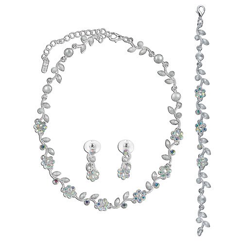 Silver Tone Clear Crystal Bridal Necklace Earrings Bracelet 3-pcs Set