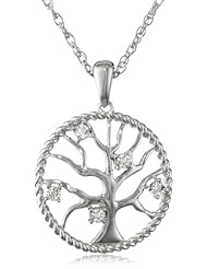 DiAura Sterling Silver Diamond-Accent Tree in Circle Pendant Necklace