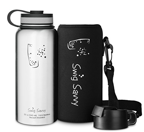 Swig Savvy's Stainless Steel Insulated Water Bottle, Wide Mouth 32 Oz Capacity, Double Wall Design, for Hot and Cold Beverages, Incloueds Pouch and Coffee Lid