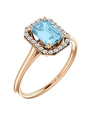 18K Rose Gold 7.00x5.00mm Emerald Cut Aquamarine and Diamond Halo-Style Ring -- LIFETIME WARRANTY
