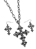 Hematite Tone Black Rhinestone Cross Pendant Necklace and Earrings Set Fashion Jewelry