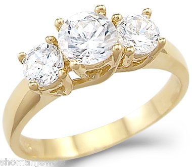 Solid 14k Yellow Gold 3 Three Stone Engagement CZ Cubic Zirconia Ring New Round Cut 1.25 ct