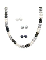 SS White/Grey/Black 6-7mm Freshwater Cult. Pearl Necklace/Earring Set
