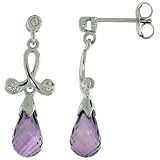 10k White Gold Loop and Amethyst Earrings, w  0.05 Carat Brilliant Cut Diamonds, 1 in. (26mm) tall