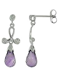10k White Gold Loop & Amethyst Earrings, w/ 0.05 Carat Brilliant Cut Diamonds, 1 in. (26mm) tall