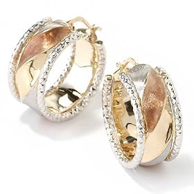 14K Tri-Color Textured Border Fancy Swirl Hoop Earrings by 