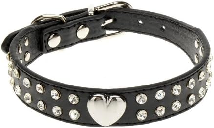 Vvhome 2 Rows Bling Rhinstone Crystal with Heart Shape Studded Charm PU Leather Pet Collar (Black, M)