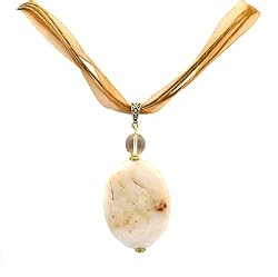 Necklace - N15 - Genuine Semi Precious Gemstone on Five-Strand Organza and Cotton Cord + 2" Extension Chain - Oval Shape ~ Morocco Agate