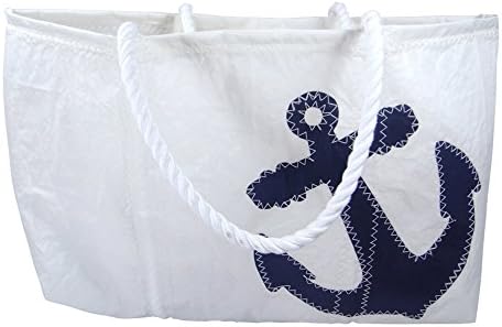 44 Knots Recycled Sail Bag, Classic Open Tote Bag, Navy Anchor, Large 21 x 14