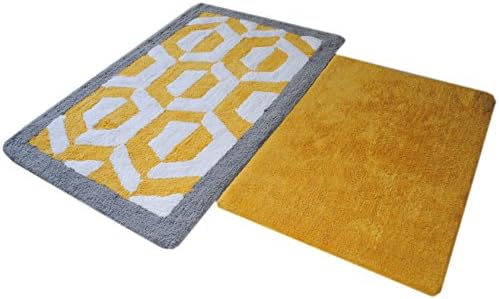 Set of 2 Bath Rugs Made of Pure Cotton Hexacone Grey & Yellow Bath Rug Size 21" X 34" / 17" X 24" - By Trendsetter Homez (Grey Yellow)