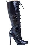 Hot Fashionable Glossy Patent Leather Knee High Boot with Stylish Lace Front from Hot Fash Shoes - FRENZY Black
