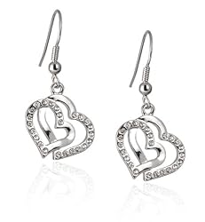 Silver Clear Crystal Double Heart Charm Drop Earrings Fashion Jewelry