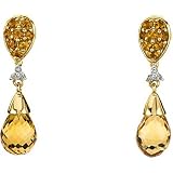14K Yellow Gold Briolette Citrine, Citrine Briolette and Diamond Earrings
