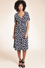 Crossover V-Neck Spotted Mock Wrap Jersey Dress