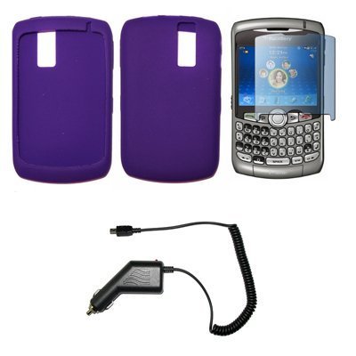 Solid Purple Silicone Gel Skin Cover Case + Screen Protector + Rapid Car Charger for Blackberry Curve 8300 / 8310 / 8320 / 8330