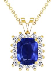 18K Yellow Gold Cushion Cut Blue Sapphire And Round Diamond Pendant