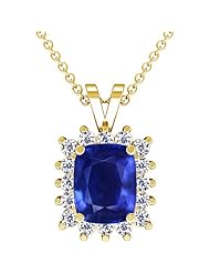14K Yellow Gold Cushion Cut Blue Sapphire And Round Diamond Pendant