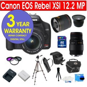 Canon EOS Rebel XSI 12.2 MP Digital Camera w/ 18-55mm IS Lens Kit + Sigma 70-300MM Macro Zoom Lens + Rokinon 500mm F/8 Lens with 2x Converter (=1000mm) + High Definition .42x Super Wide Fisheye Lens + High Capacity Li-Ion Battery + 8 GB Memory Card + 50