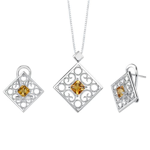 Childrens Toyshop  Jewelry : Trendy and Vibrant 2.50 carats Princess Cut Citrine Pendant Earrings Set in Sterling Silver