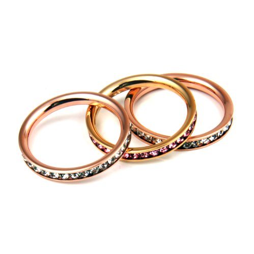 3 pc Stainless Steel Stackable Channel Set Eternity Rings - Rose & Yellow Gold Plated, Clear, Ruby & Pink CZ