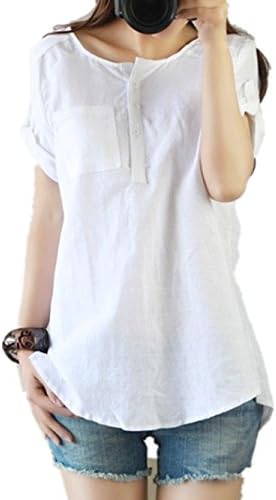 RSP Women's Casual Loose Cool Linen Cotton Short Sleeve Shirt Blouse Tops (L, White)