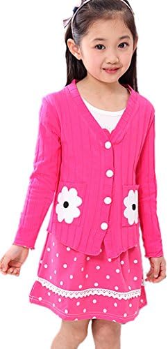 ASL Girl Sunflower Button Long Sleeve Top and Splicing Polka Dot Skirt Set 6-7Y